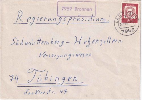 BRD - 7959 Bronnen Landpost-Ra1 Brief Laupheim - Tübingen 1963