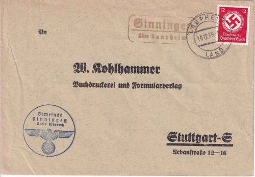 DR - Sinningen ü. Laupheim Landpost-Ra2 Dienstbrief n. Stuttgart 1939