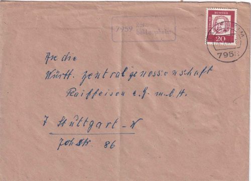 BRD - 7959 Rot bei Laupheim Landpost-Ra1 Brief Laupheim - Stuttgart 1964