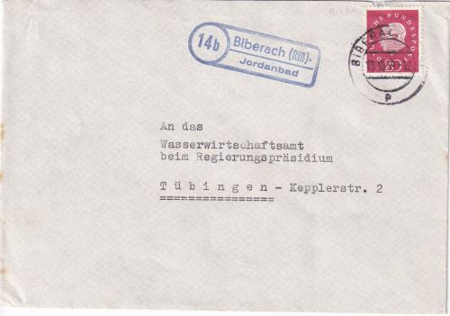 BRD - (14b) Biberach (Riß) Jordansbad Landpost-Ra2 Brief n. Tübingen 1959