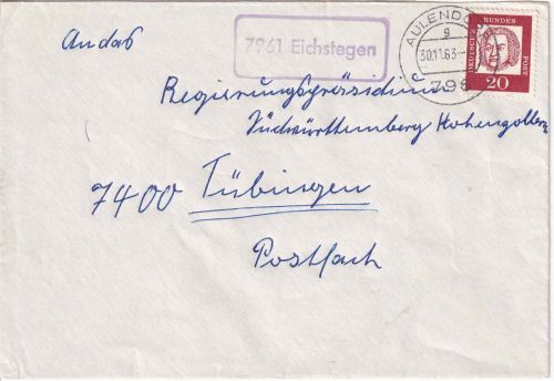 BRD - 7961 Eichstegen Landpost-Ra1 Brief Aulendorf - Tübingen 1963