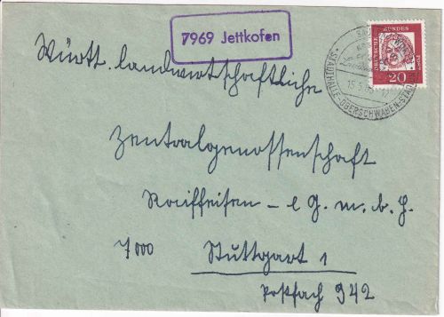 BRD - 7969 Jettkofen Landpost-Ra1 Brief Saulgau - Stuttgart 1963