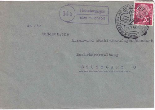 BRD - (14b) Fleischwangen ü. Aulendorf Landpost-Ra2 Brief n. Stuttgart 1956