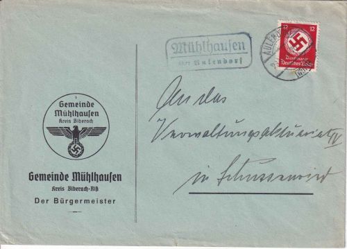 DR - Mühlhausen ü. Aulendorf Landpost-Ra2 Brief n. Schussenried 1941
