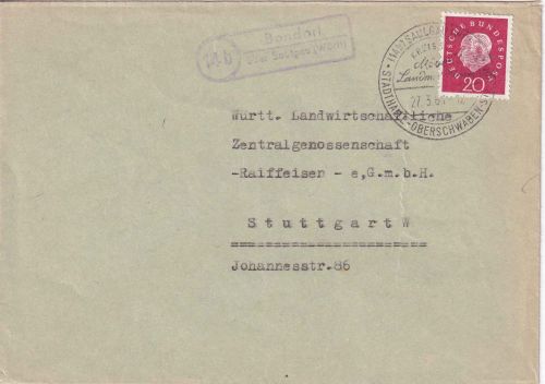 BRD - (14b) Bondorf ü. Saulgau (Württ) Landpost-Ra2 Brief n. Stuttgart 1961