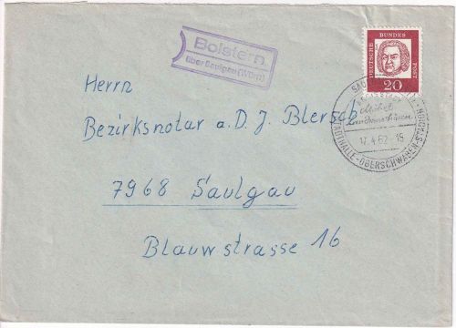 BRD - Bolstern ü. Saulgau (Württ) aptierter Landpost-Ra2 Brief n. Saulgau 1962
