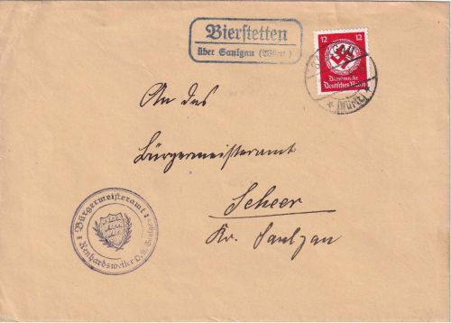 DR - Bierstetten ü. Saulgau (Württ) Landpost-Ra2 Dienstbrief n. Scheer 1935