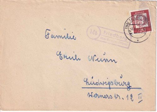 BRD - (14b) Friedberg ü. Saulgau (Württ) Landpost-Ra2 Brief n. Ludwigsburg 1961