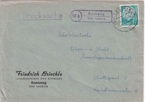 BRD - (14b) Ausnang ü. Leutkirch Landpost-Ra2 Drucksache n. Stuttgart 1955