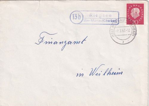 BRD - (13b) Riegsee ü. Murnau (Oberbay) Landpost-Ra2 Brief n. Weilheim 1962