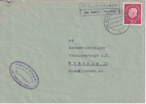 BRD - (13b) Buchhausen ü. Neufahrn Landpost-Ra2 Brief n. München 1960