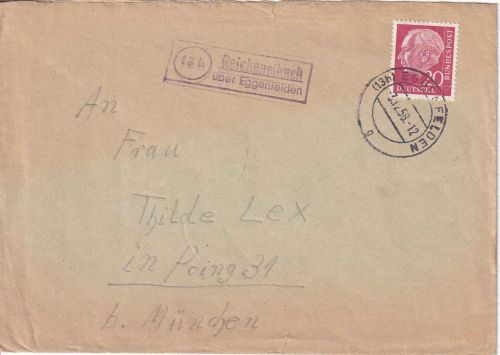 BRD - (13b) Reicheneibach ü. Eggenfelden Landpost-Ra2 Brief n. Poing 1958