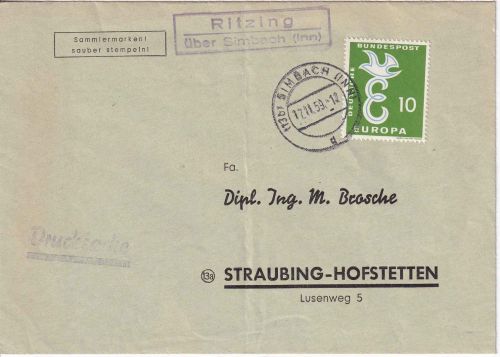 BRD - Ritzing ü. Simbach (Inn) Landpost-Ra2 Drucksachenbrief n. München 1959