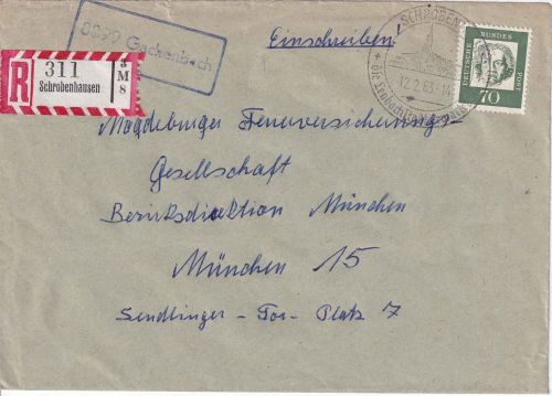 BRD - 8399 Gachenbach Landpost-Ra1 Einschreibebrief Schrobenhausen 1963