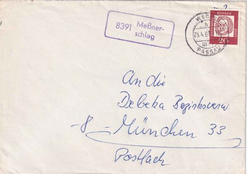 BRD - 8391 Meßnerschlag Landpost-Ra1 Brief Wegscheid ü. Passau (aptiert) 23.4.63