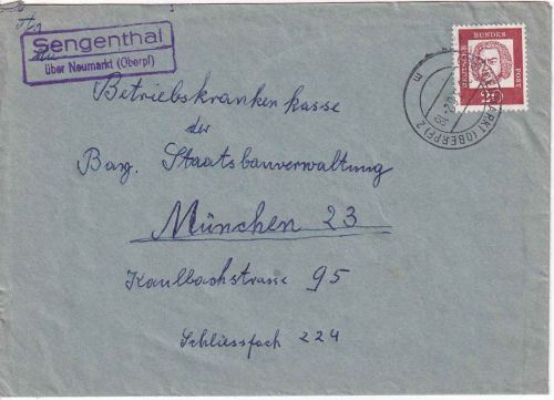 BRD - Sengenthal ü. Neumarkt (Oberpf) Landpost-Ra2 Brief n. München 1962