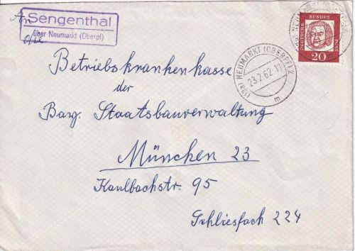BRD - Sengenthal ü. Neumarkt (Oberpf) Landpost-Ra2 Brief n. München 1962