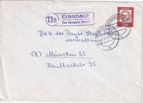 BRD - (13a) Erasbach ü. Neumarkt (Oberpf) Landpost-Ra2 Brief n. München 1962