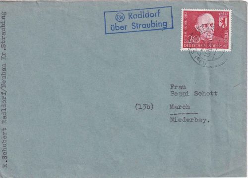 BRD - (13a) Radldorf ü. Straubing Landpost-Ra2 Brief n. March 1958