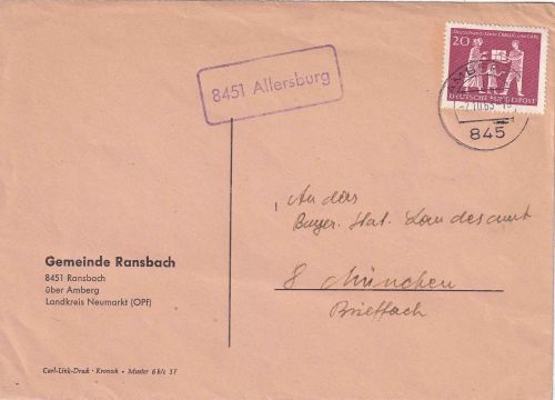 BRD - 8451 Allersburg Landpost-Ra1 Brief Amberg - München 1963