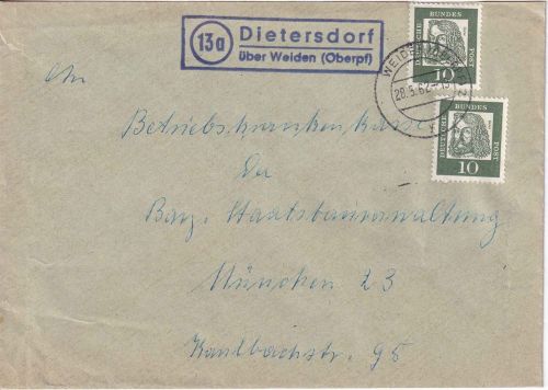 BRD - (13a) Dietersdorf ü. Weiden Landpost-Ra2 Brief n. München 1962