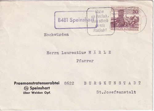 BRD - 8481 Speinshart Landpost-Ra1 Brief Weiden- Burgkunstadt 1962