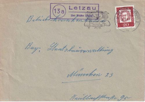 BRD - (13a) Letzau ü. Weiden Landpost-Ra2 Brief n. München 1962