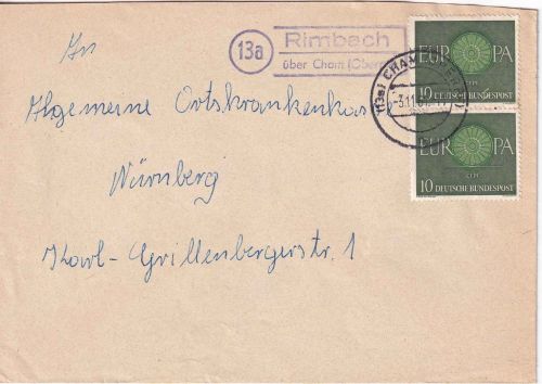 BRD - (13a) Rimbach ü. Cham Landpost-Ra2 Brief n. Nürnberg 1961