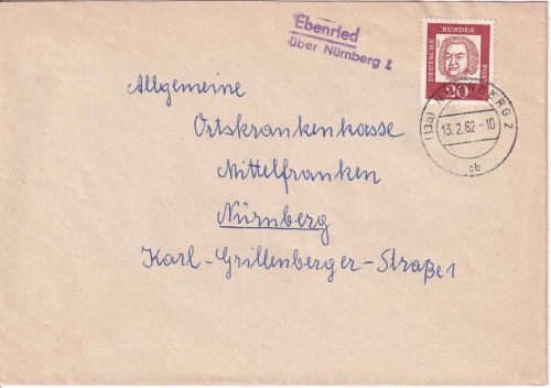 BRD - Ebenried ü. Nürnberg 2 Landpost-Ra2 Brief n. Nürnberg 1962
