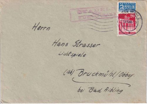 Bizone - Stadln ü. Fürth (Bay) Landpost-Ra2 Brief n. Bruckmühl 1949