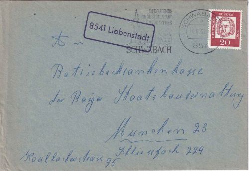 BRD - 8541 Liebenstadt Landpost-Ra1 Brief Schwabach - München 1962