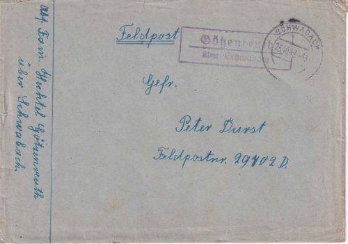 DR - Götzenreuth ü. Schwabach Landpost-Ra2 Feldpostbrief an Fp.Nr. 29702D 1943