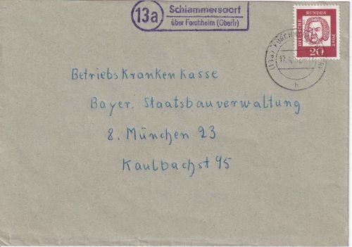 BRD - (13a) Schlammersdorf ü. Forchheim Landpost-Ra2 Brief n. München 1962
