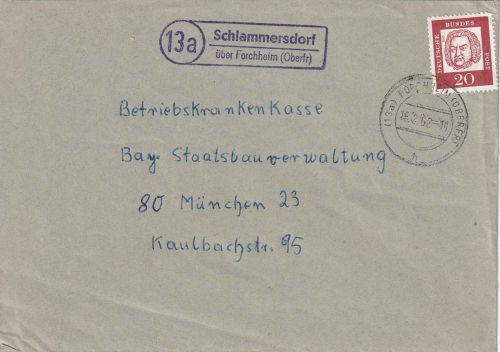 BRD - (13a) Schlammersdorf ü. Forchheim Landpost-Ra2 Brief n. München 1962