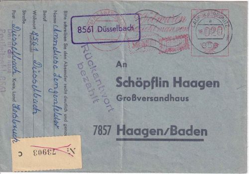 BRD - 8561 Düsselbach Landpost-Ra1 Brief /Antwortkuvert n. Haagen 1963