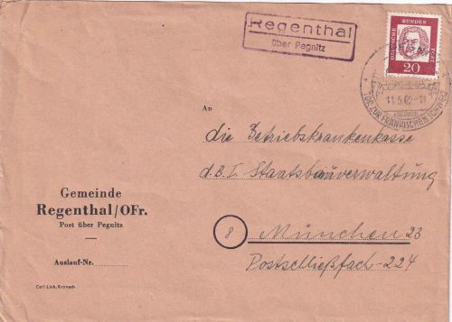 BRD - Regenthal ü. Pegnitz Landpost-Ra2 Brief n. München 1962