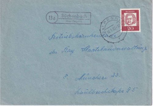 BRD - (13a) Büchenbach ü. Pegnitz Landpost-Ra2 Brief n. München 1962