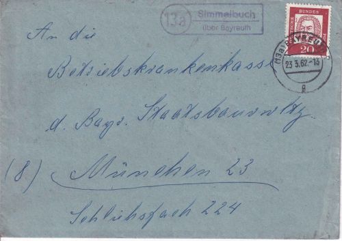 BRD - (13a) Simmelbuch ü. Bayreuth Landpost-Ra2 Brief n. München 1962