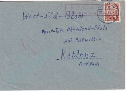 BRD - Roßdach ü. Bamberg Landpost-Ra2 Drucksache n. Koblenz 1954