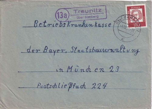 BRD - (13a) Treunitz ü. Bamberg 2 Landpost-Ra2 Brief n. München 1961