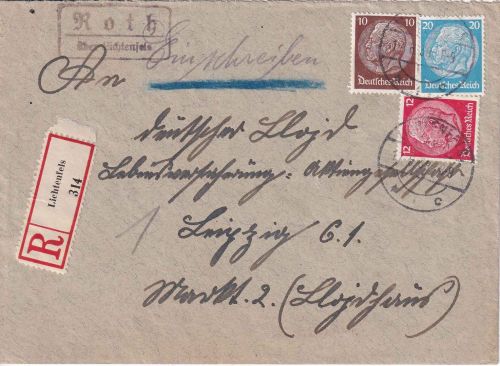 DR - Roth ü. Lichtenfels Landpost-Ra2 Einschreibebrief n. Leipzig 1938