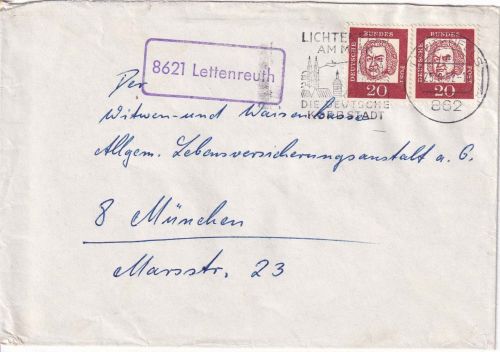 BRD - 8621 Lettenreuth Landpost-Ra1 Brief Lichtenfels - München 1962