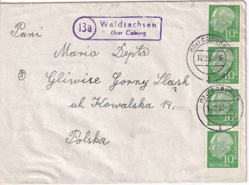 BRD - (13a) Waldsachsen ü. Coburg Landpost-Ra2 Brief n. POLEN 1954