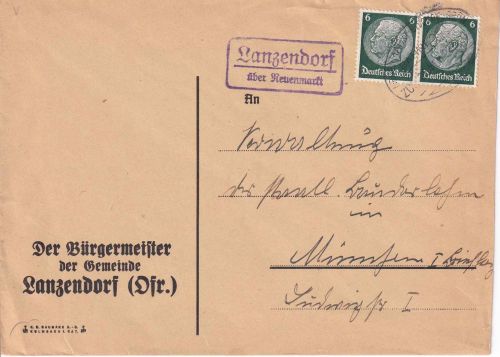 DR - Lanzendorf ü. Neuenmarkt Landpost-Ra2 Brief n. München Bahnpost 1933