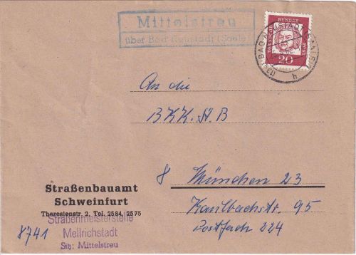 BRD - Mittelstreu ü. Bad Neustadt (Saale) Landpost-Ra2 Brief n. München 1962