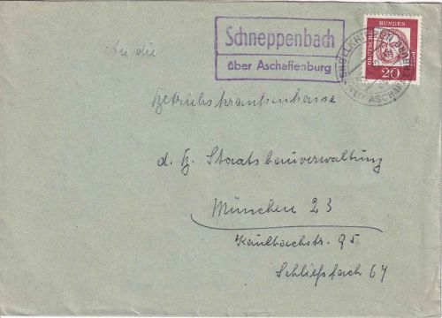BRD - Schneppenbach ü. Aschaffenburg Landpost-Ra2 Brief n. München 1962