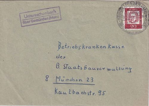 BRD - Untereschenbach ü. Gemünden (Main) Landpost-Ra2 Brief n. München 1962
