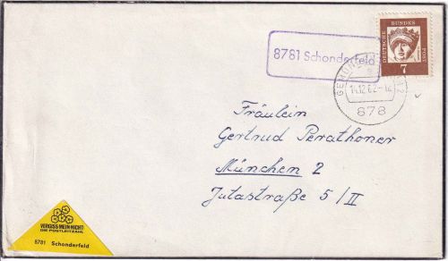 BRD - 8781 Schonderfeld Landpost-Ra1 Brief Trauerdrucksache Gemünden 1962