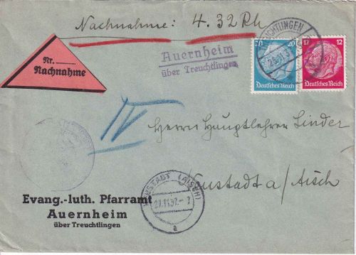 DR - Auernheim ü. Treuchtlingen Landpost-L2 Nachnahmebrief n. Neustadt a/A 1937