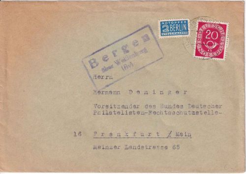 BRD - Bergen ü. Weißenburg (By) Landpost-Ra3 Brief n. Frankfurt a/M. 1952